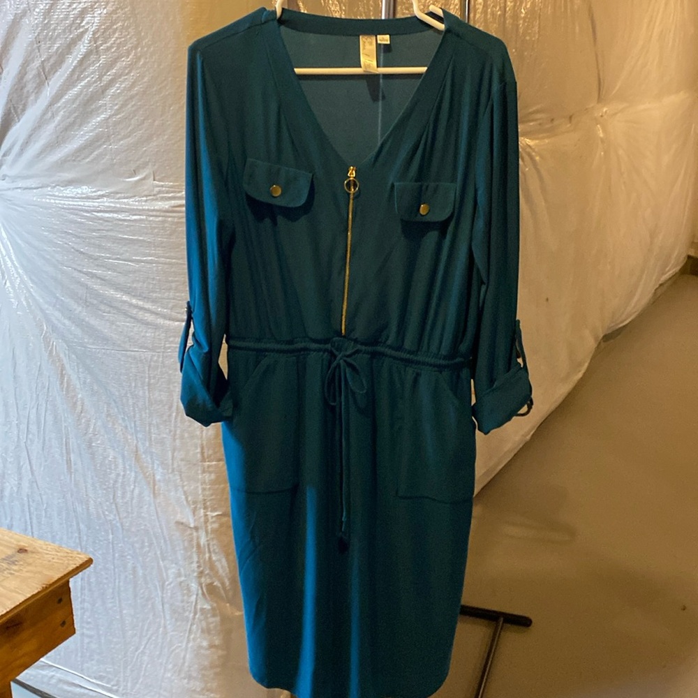 Blue solid dress with gold zipper